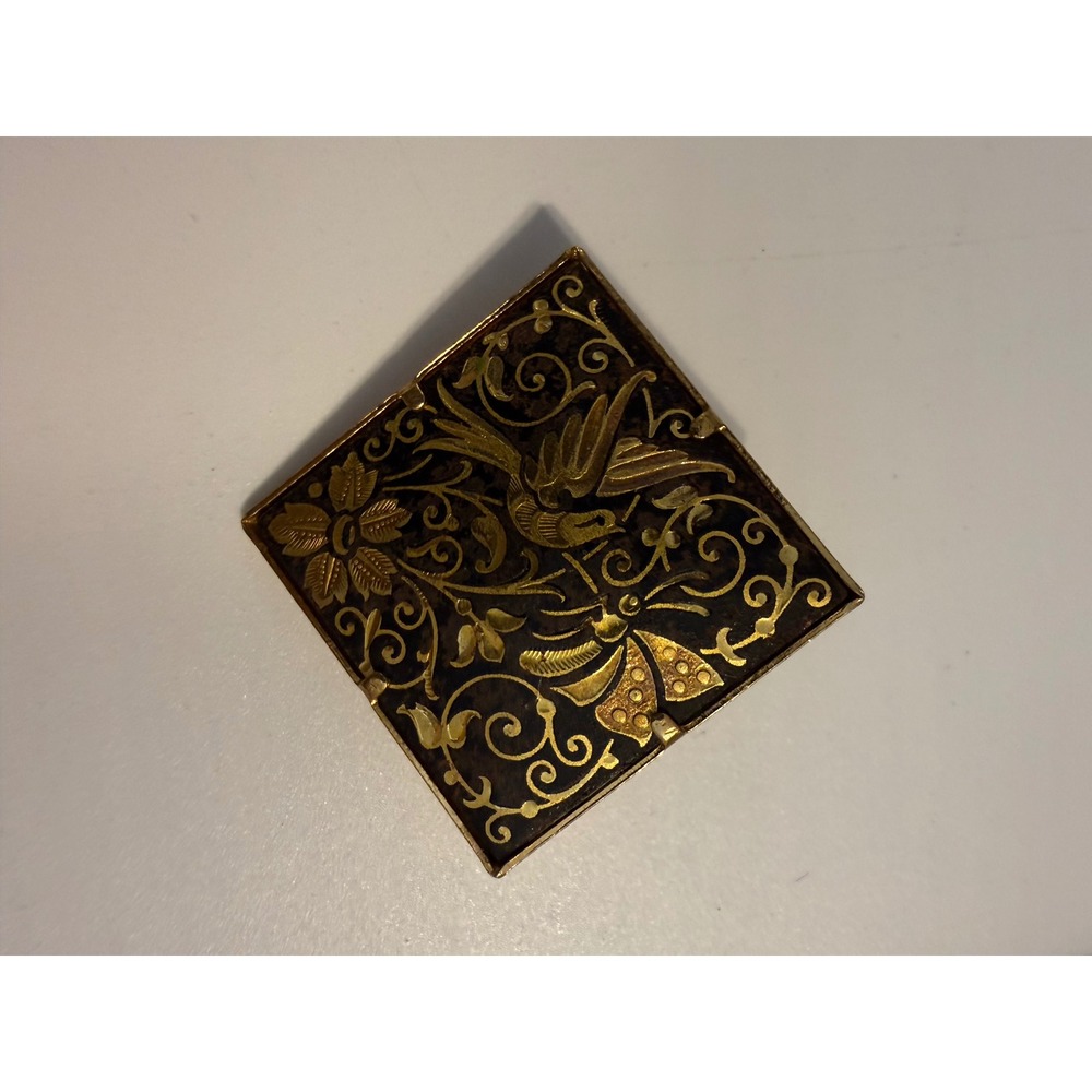 Vintage Spanish Damascene Bird and Flower Square Brooch Gold Tone Pin 1.1"